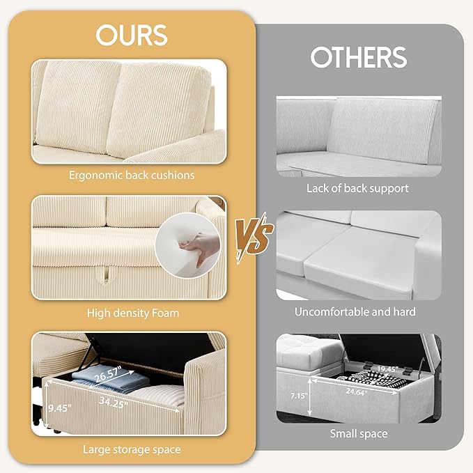 Sectional Sofa for Living Room 71 Corduroy Fabric Modern 3 Seater Sofa with Seats Storage &amp Side Pockets Upholstered W/Deep Seat Couch for Small Space Bedroom Apartment Beige