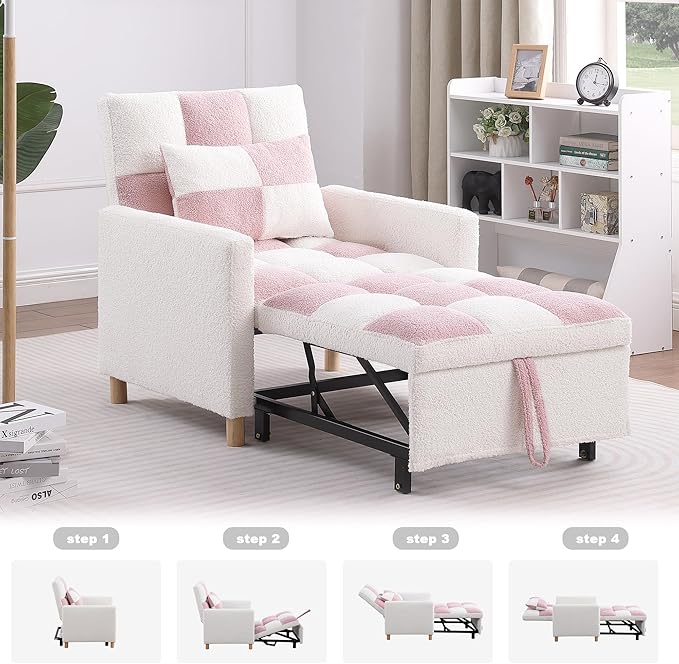 Sleeper Chair Bed Multi-Functional Convertible Chair Sleeper Teddy Fabric Adjustable Single Pull Out Sofa Bed with Lumbar for Apartment BedroomOfficeLiving Room (Beige&ampPink)