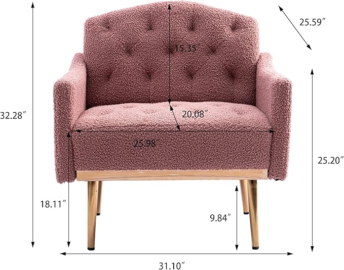 Modern Teddy Fabric Accent ChairUpholstered Button-Tufted Single SofaComfy Armchair Chair with Rose Golden Legsfor Living Room Bedroom Home Office (Brush Pink)