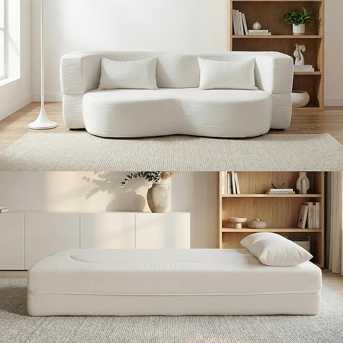 Convertible Sofa Bed 78'' Queen Size Folding Sleeper Sofa with Pillow 2-in-1 Teddy Fabric Boneless Loveseat Floor Couch &amp Mattress for Living Room Guest Room No Assembly Required (White)