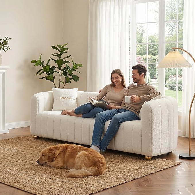 Luxury Teddy Plush Sofa for Living Room 84 Mid-Century Modern Couch 3 Seater Sofa with Gold Legs &amp 2 Pillows Sectional 3 Seater Couch Upholstered Sofa for Living Room Home Office Apartment