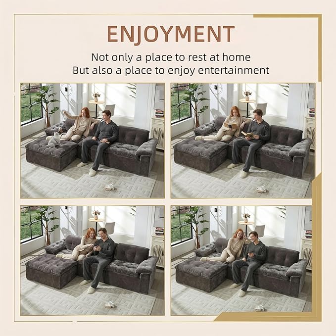 118” Cloud Sectional Couch Deep Seat Boneless Sofa for Living Room with L-Shaped Chaise Comfy Chenille Modular Sectional Sofa Made of Memory Foam No Assembly Required (Grey)