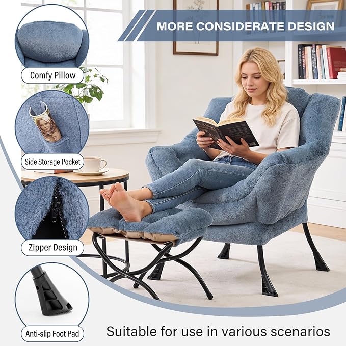 Lazy Chair with Folding Ottoman Modern Accent Armchair with Armrests and a Side Pocket &amp Foldable Footstool Reading Chair for Living Room Bedroom &amp Dorm Plush Light Blue