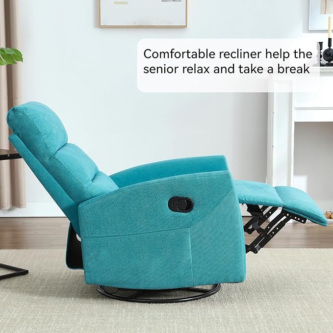 Swivel Rocking Recliner Chair Upholstered Glider Rocker with Adjustable Backrest and Footrest Modern Rocking Chair for Adults with 2 Pockets for Nursery Lounge Bedroom Living Room (Blue)