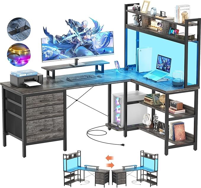 Aheaplus L Shaped Desk with Hutch Gaming Desk with Led Lights Reversible Computer Desk with Power Outlet Corner Desk with File Drawer &amp Monitor Stand Storage Shelves for Home Office Black Oak