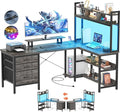 Aheaplus L Shaped Desk with Hutch Gaming Desk with Led Lights Reversible Computer Desk with Power Outlet Corner Desk with File Drawer &amp Monitor Stand Storage Shelves for Home Office Black Oak