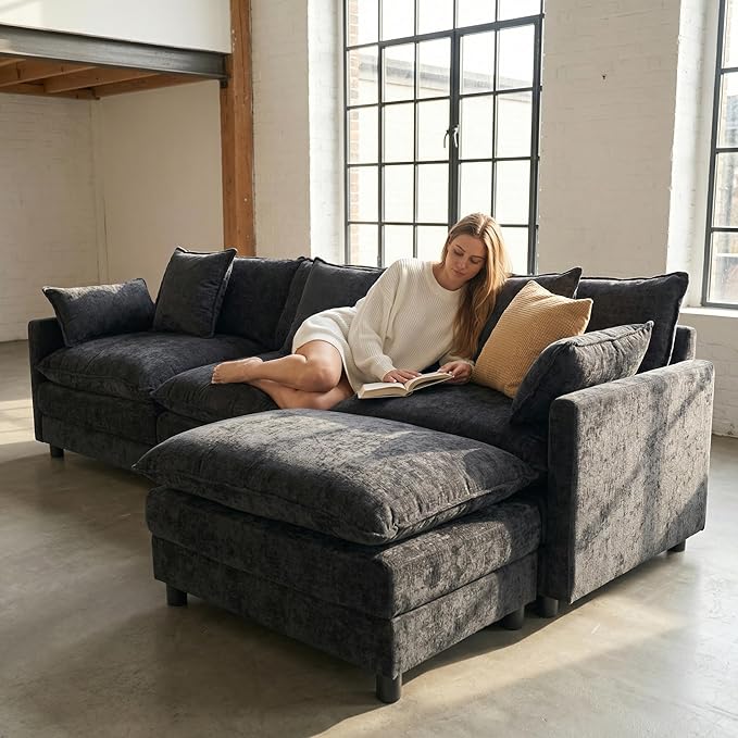 108 L-Shaped Modular Sectional Sofa with Ottoman Modern Cloud Couch Chenille Deep Seat 3-Seater for Living Room Solid Wood Frame &amp Easy Assembly (Black 3 Seat)