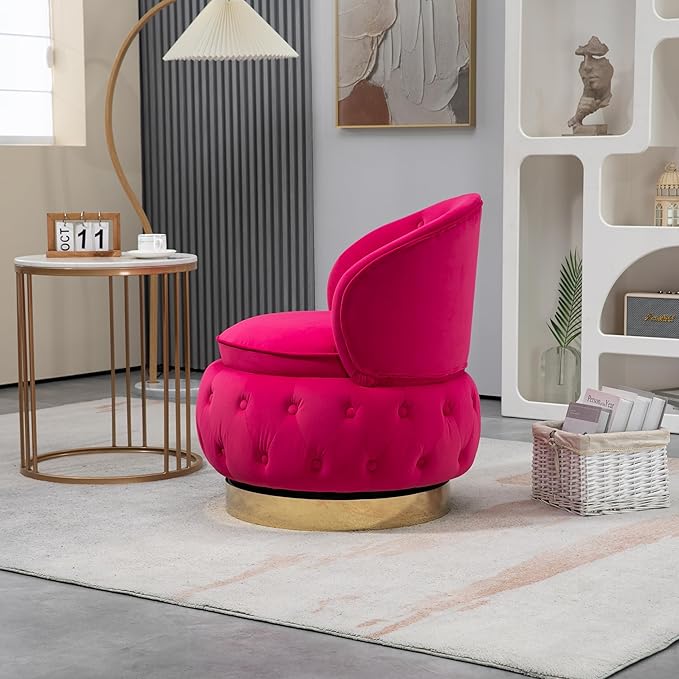 Swivel Barrel ChairVelvet Swivel Accent Chairs Modern Round Storage Small Chairs 360 Degree Upholstered Swivel Boucle Chair for Living Room Bedroom（Red）