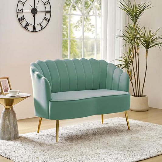 Velvet Upholstered Loveseat Sofa with Gold Metal Legs Modern Comfy Small Love Seat with Flower Shaped Back 2-Seater Sofa Accent Couch for Living Bedroom Leisure Areas