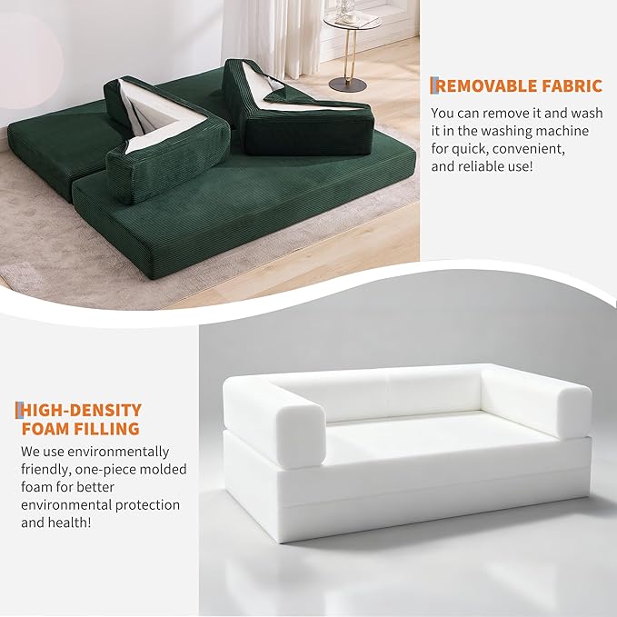 Convertible Sleeper Sofa Bed 78.8 Floor Sofa Bed 5-in-1 Folding Mattress Couch Loveseat with Fixed-Shape Frame Pillow Corduroy Fabric for Living Room Bedroom Lounge Dark Green