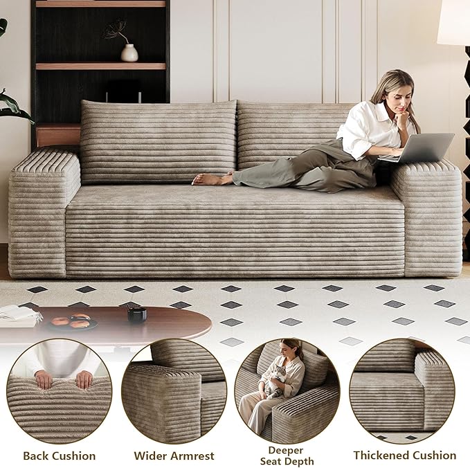 63 Boneless Loveseat Sofa - Cloud Couch with Memory Foam Comfy Deep Seat - Corduroy Floor Sofa No Assembly Required - Small Space Friendly for Living Room Bedroom Apartment Camel