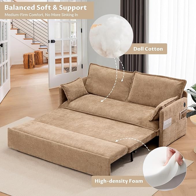SUNWAVE 60 Queen Pull Out Sofa Bed - Convertible Sleeper Sofa Bed Chenille Loveseat Pull Out Couch with USB Charging Side Pockets for Living Room Bedroom Small Spaces (Brown 60)