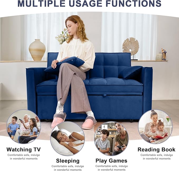 55.2'' Pull Out Couch 2-Seater Sleeper Loveseat 3-in-1 Reclining Sofa Bed Futon Adjustable Backrest with Pillows Pockets Couch for Living Room Apartment Lounge Blue