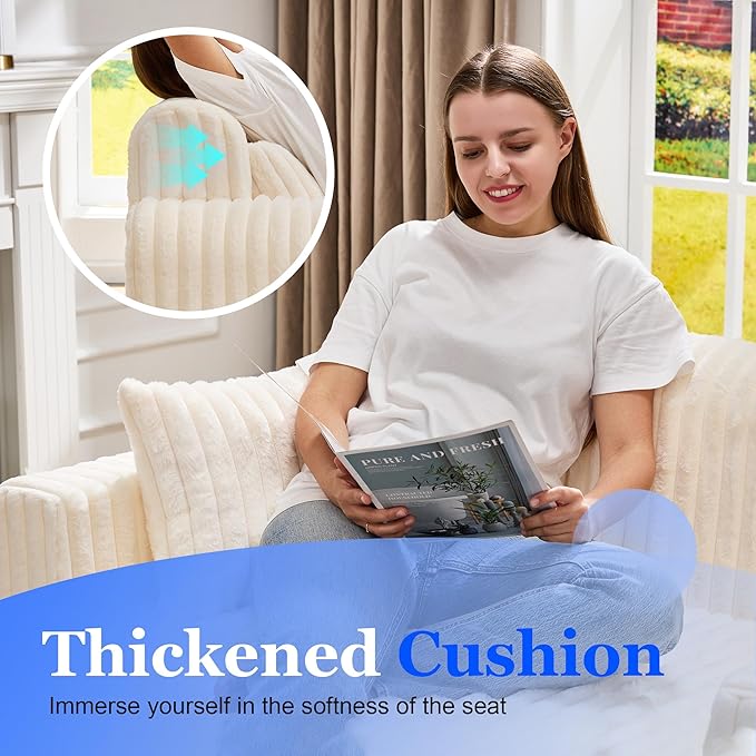 Hobestluk Couch Sofa 2-Seater Foam Sofa Loveseat for Small Spaces Comfy Sofas with Removable Cover Furry Couch with Pillows for Living Room Bedroom Apartment Office (White Loveseat)