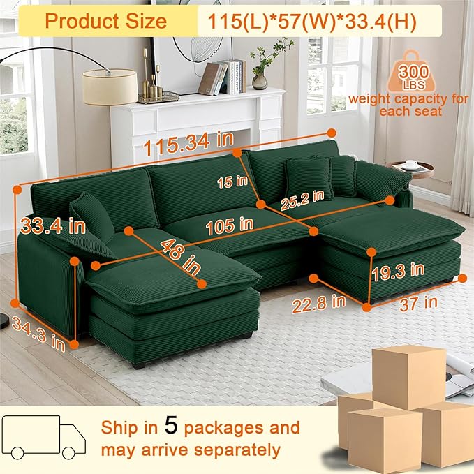 115 Oversize Modular Cloud Couch Sectional - Deep Seat U-Shaped Sofa 3 Seats with 2 OttomansPet-Friendly FabricGreen Corduroy