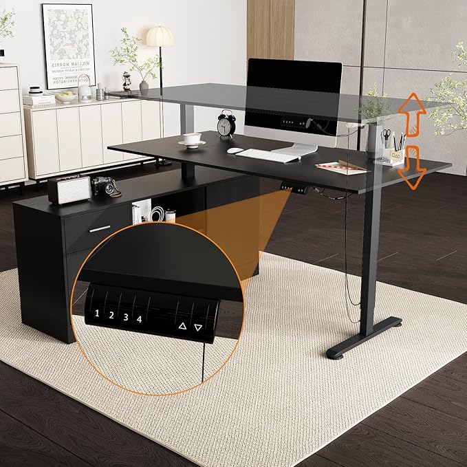 FUFU&ampGAGA 63” L-Shaped Standing Desk with Drawers Electric Height Adjustable Desk with File Cabinet Executive Computer Table Sit Stand Desks for Home Office Black 63”W x 55.1”D x 29.1”-44”H