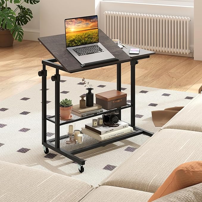 Giantex Mobile Standing Desk Adjustable Rolling Computer Desk w/Tilting Desktop &amp Storage Shelves PC Laptop Table Small Compact Desk on Wheels for Small Space Living Room &amp Bedroom (Black