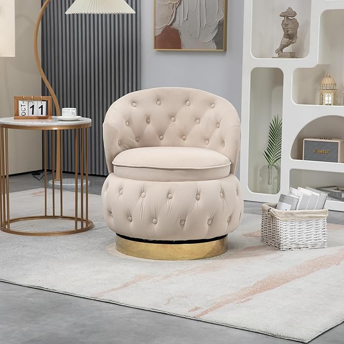 Swivel Barrel ChairVelvet Swivel Accent Chairs Modern Round Storage Small Chairs 360 Degree Upholstered Swivel Boucle Chair for Living Room Bedroom（Beige）
