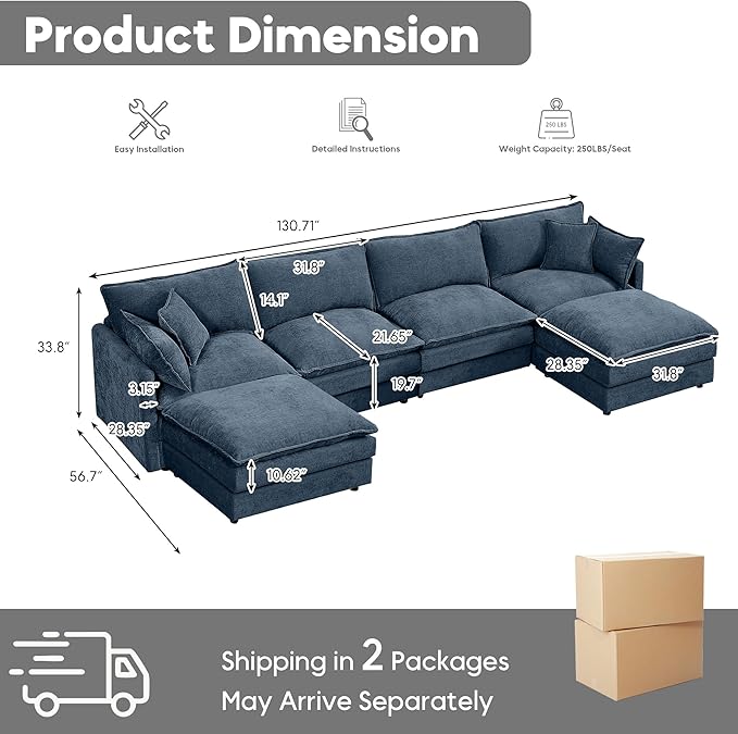 130.7 U Shaped Modular Sectional Sofa Comfy Upholstery Chenille Cloud Couch with Ottoman Modern 6-Seat Deep Seat Sofa with Pillow for Living Room Bedroom Apartment Navy Blue
