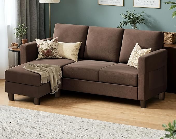 VICTONE Convertible Sectional Sofa Couch 3 Seat L-Shaped Sofa with Linen Fabric Ottoman Small Couch for Small Apartments Living Room and Office (Linen Fabric Brown)