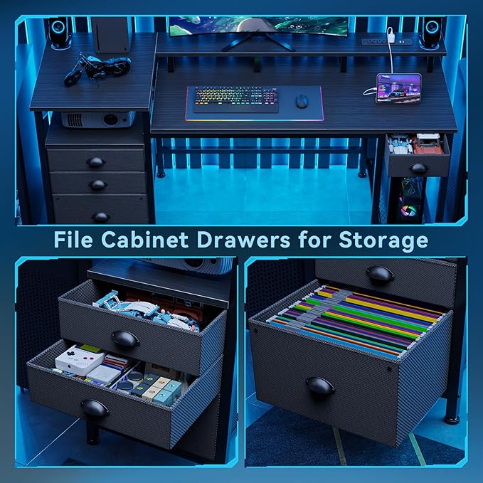 Furologee 60 Black Computer Desk with 4 Drawers and Printer Space Gaming Desk with LED Lights and USB Power Outlets Home Office Desk with Fabric File CabinetStudy Work Table with Shelf for Bedroom