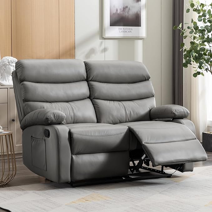 Reclining Loveseat Leather Double Recliner Sofa with Side Pocket Wall Hugger Loveseat Recliner for Living Room RV Home Theater(Grey)