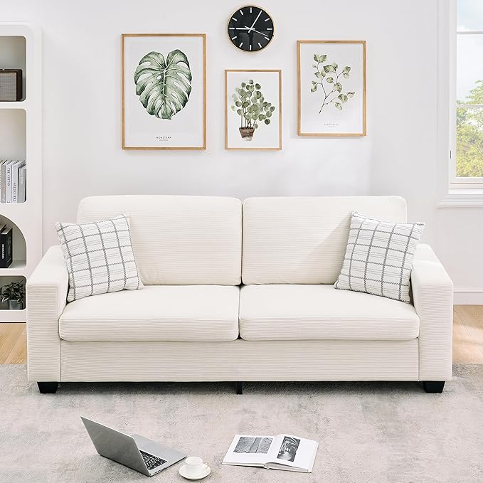 Modern Loveseat Sofa Couches for Living Room 83 Boneless Comfy Corduroy Sofa for Apartment Bedroom or Office Soft Upholstered Couch Compact Spaces Deep Seats Wood Frame Removable Cover White