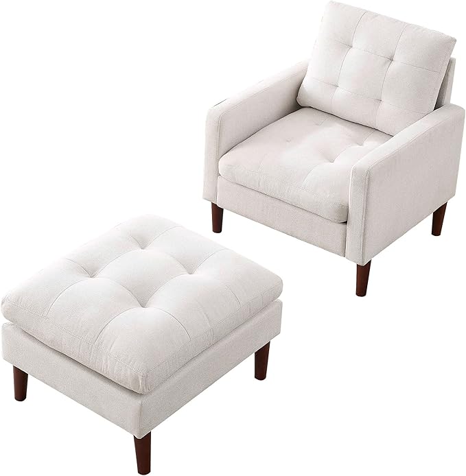 Modern Fabric Single Sofa Chair Living Room Chair Comfortable Armchair withwith Ottoman Foot Rest Tufted Chair for Reading or Lounging
