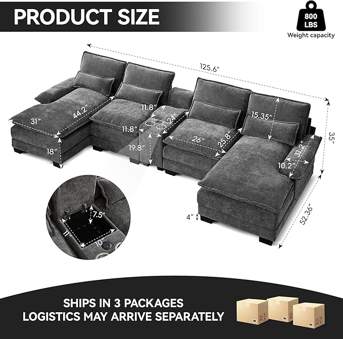 125 U Shaped Cloud Modular Sectional Couch for Living Room Small Comfy Chenille Sofa with Double Chaise Lounge Storage Central Console Cup Holders USB PortGrey