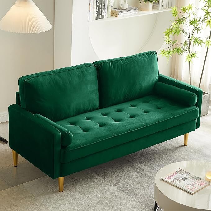 SZLIZCCC 67 LoveSeat Sofa Love Seat Couch Mid Century Modern Couchs Velvet Fabric Pull Dot Design Sofas with Two Round Pillows for Small Spaces Living Room Dorm Bedroom Apartment (67 Green)