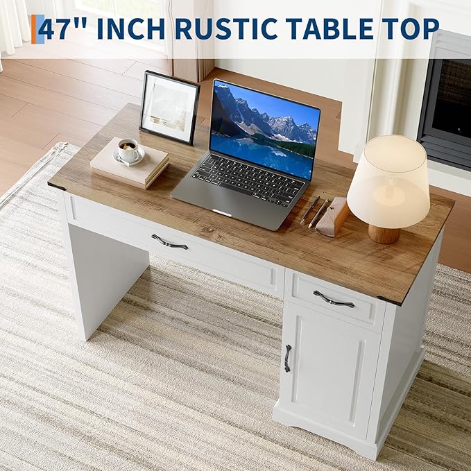 CuisinSmart 47 Farmhouse Executive Desk with Drawers Wooden Home Office Desks with Storage Cabinet Rustic Computer Desk for Working Studying Writing White