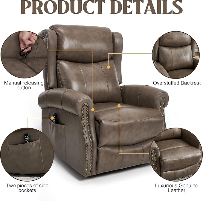 Manual Rocker Swivel Recliner Chair for Adults Vibration Massage Reclining Glider Chair with Lumbar Heat Rivet Design Single Sofa for Living Room Genuine Leather Camel Brown