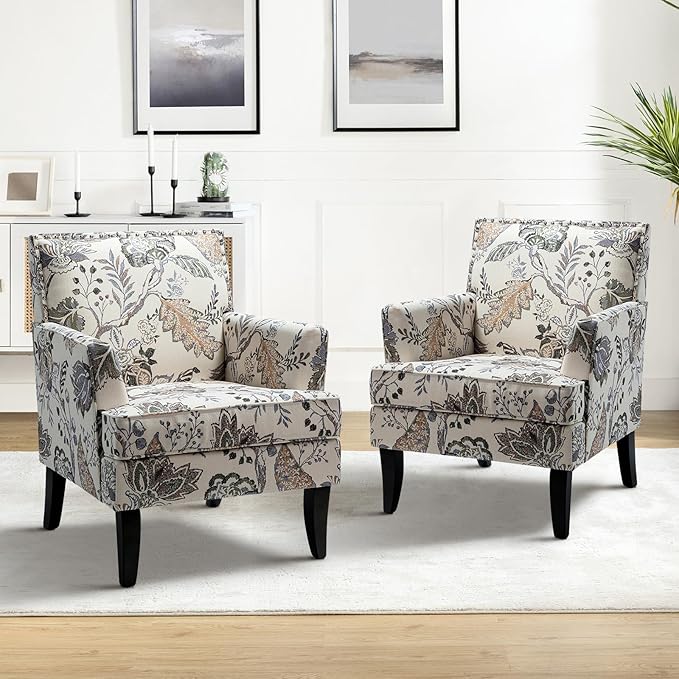 HULALA HOME Modern Accent Chair for Living Room Upholstered Fabric Single Sofa Chair Wingback Armchair with Wooden Legs for Bedroom Office Reading or Waiting Room Orange Grey Floral