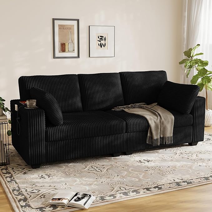 OUYESSIR 80 Loveseat Sofa for Living RoomModern Sofa with USB Charging Ports &amp Cup HoldersComfy Corduroy Couch with Upholstered Cushion3 Seater Deep Seat Couch for Small SpaceBedroom Black