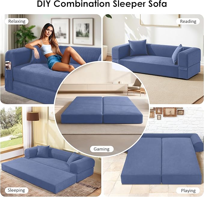 80 Convertible Sofa Bed 3-in-1 Corduroy Folding Pull Out Couch with Pillows No Assembly Modern Boneless Couch Compression Sofa in Box Floor Sofa with Side Storage for Living RoomDark Smog Blue