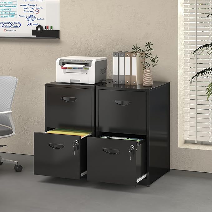 2 Drawer File Cabinet with Lock Metal File Cabinets for Home Office Under Desk Storage Printer Stand Office File Cabinets for Letters and File Boxes Assembly Required Black