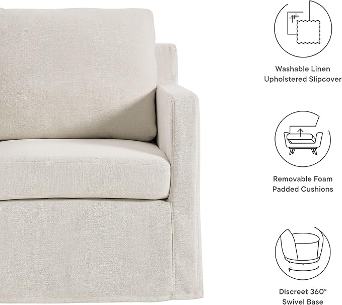 Modway Serene Swivel Accent Armchair in Salt - Modern Fabric Upholstered Chair - Slipcovered Armchair - Swivel Chair for Living Room or Bedroom