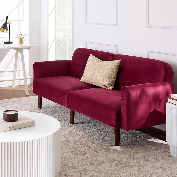 Best Choice Products 77 Mid Century Modern Velvet Loveseat Sofa Couch Convertible Sofa Sleeper Bed w/Real Wood Removable Armrest - Raspberry