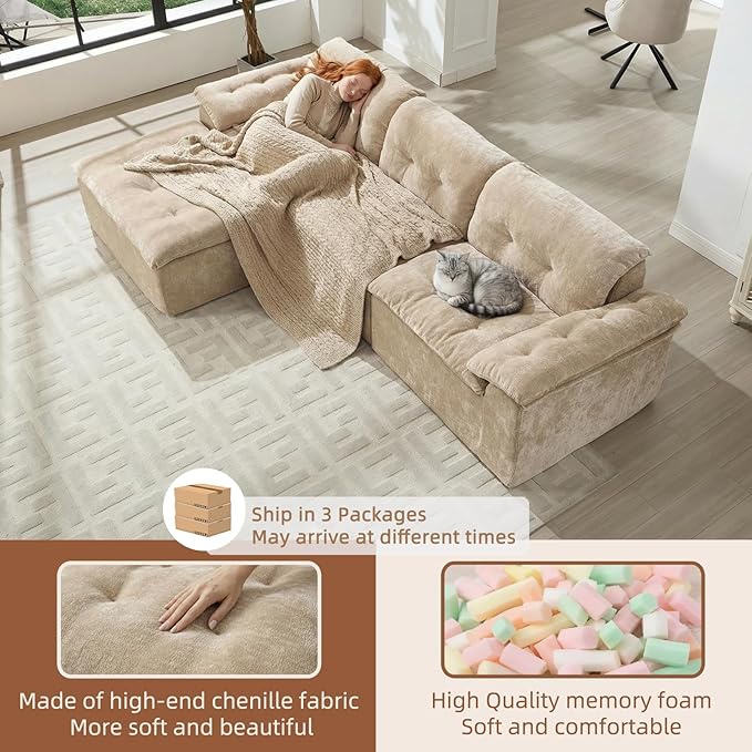 157 Cloud Sectional Couch Deep Seat Boneless Sofa for Living Room with U-Shaped Chaise Comfy Chenille Modular Sofa No Assembly Required (Coffee 118 L Shape with Left Facing Chaise)