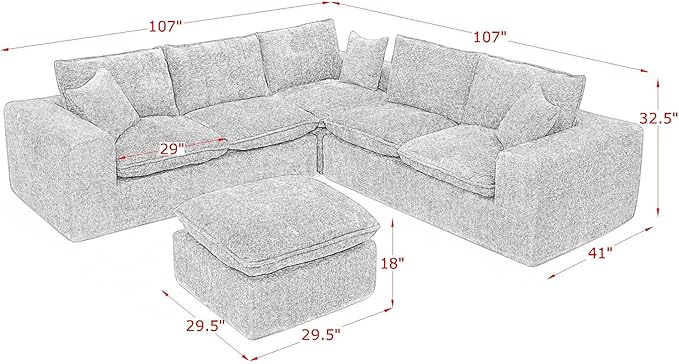 L-Shaped Boneless Modular Sectional Cloud Couches 6 Seat Modular Boucle Floor Foam Boneless Sofa Couch with Ottoman Headrest Pillows and Removable Cushions