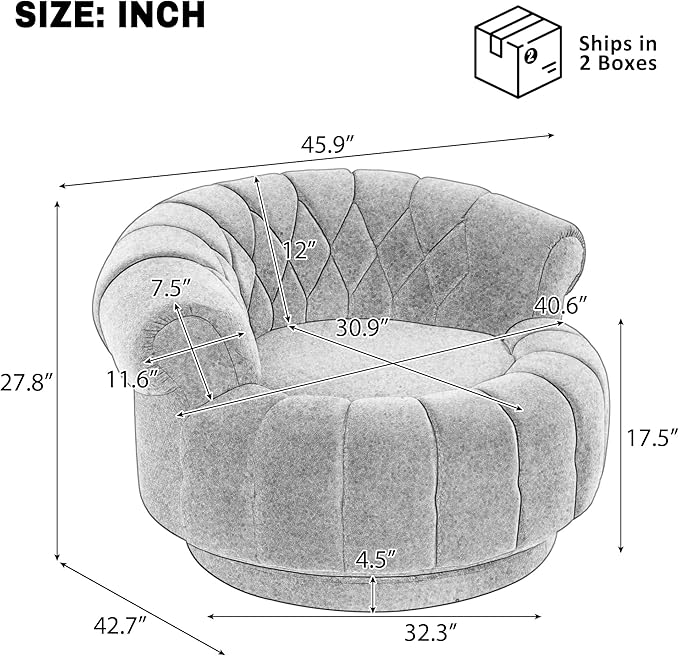 360° Swivel Accent Chair Chenille Fabric Barrel Swivel Chair Round Club Chair with Curved Armrests &amp Thick Cushioning Stylish Channel-Tufted &amp Diamond-Quilted Backrest for Living Room (Beige