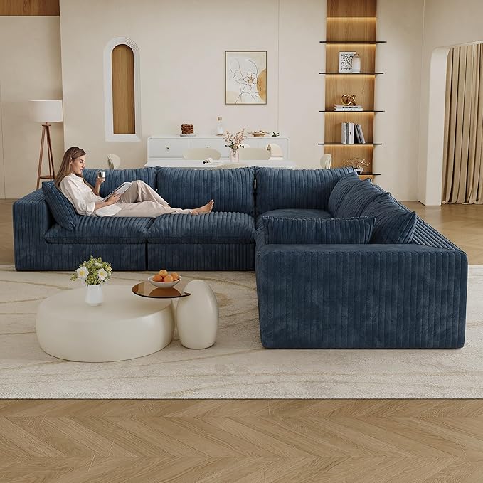 118.2 Modern V Shaped Corner Sofa Comfy Modular Sectional Cloud Couch with Plush Corduroy Fabric Deep Seat Upholstered Sofa Fluffy Boneless Couches for Living Room No Assembly (Blue)
