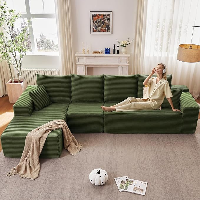 135 Cloud Sectional Couch with L-Shape Chaise Modern Modular Comfy Sofa with Deep Seat Upholstered Corduroy Couches Sleeper Chaise Longue for Living Room Bedroom No Assembly Required Green