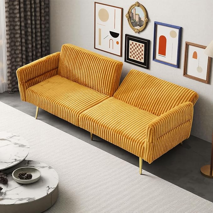 Rovibek Futon Loveseat Sofa Bed Modern Corduroy Futon Couch with Adjustable Backrest 2 Pillows Convertible Futon Sofa for Small Spaces Living Room Apartment Guest Room Yellow