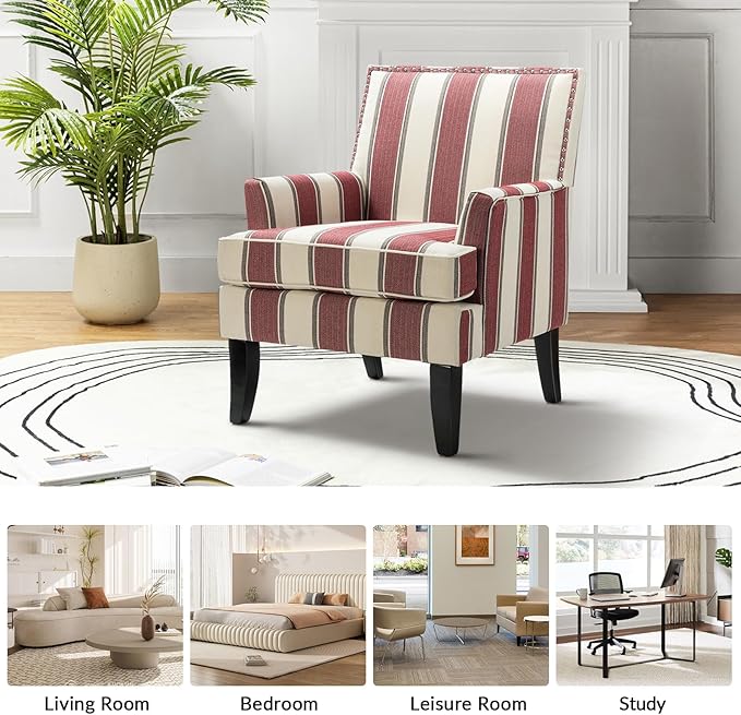 HULALA HOME Modern Accent Chair for Living Room Upholstered Fabric Single Sofa Chair Wingback Armchair with Wooden Legs for Bedroom Office Reading or Waiting Room Stripe Red