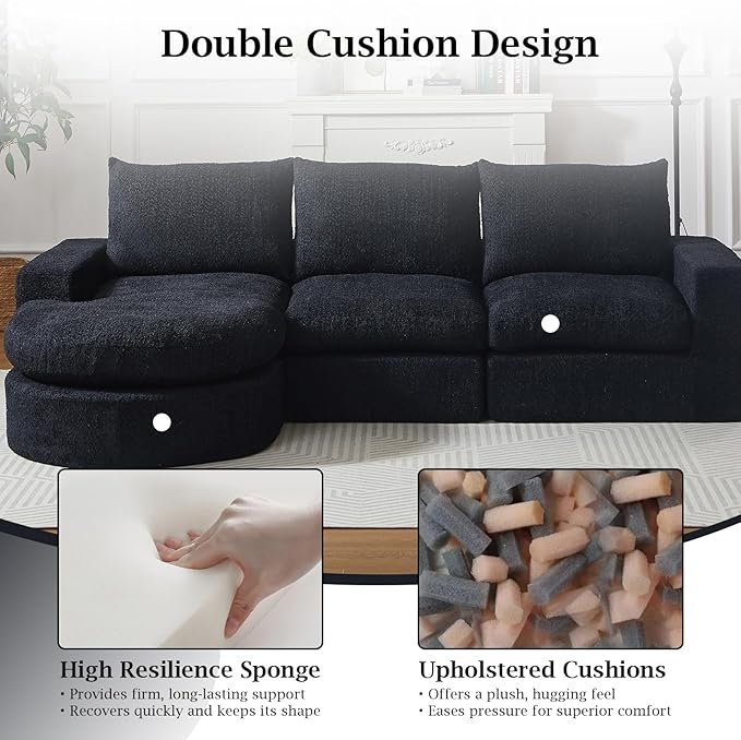 99 Modular Sectional Sofa Cloud Sectional Couch with Neck Pillow &amp Deep Seat Chenille Boneless Couches with L-Shape Chaise for Living RoomNo Assembly Required Black
