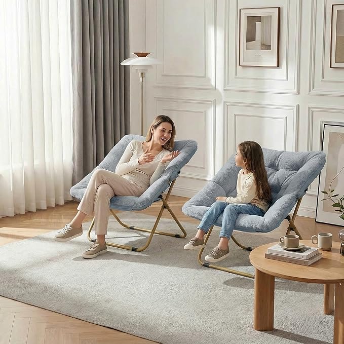 TLSUNNY Comfy Saucer Chair Oversized Foldable Lounge Lazy Chair Soft Faux Fur Reading Chair for Teens Adults Stable Metal Frame Moon Chair for Living Room Bedroom Dorms Office X-Large (Gray)