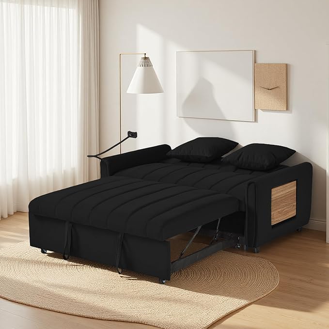 Loveseat Sleeper Sofa 3 in 1 Convertible Sofa Bed Adjustable Backrest Comfy Pull Out Couch Modern Upholstered Sofa for Living Room Bedroom Apartment Small Space (d-Black)