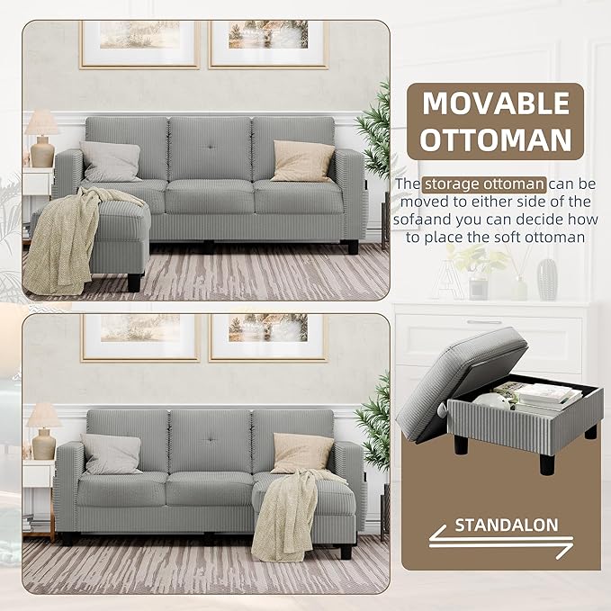 JAMFLY Convertible Sectional Couches for Living Room L-Shaped Couch 3 Seat Sectional Sofa Set with Corduroy Fabric and Movable Ottoman Small Couch for Apartments Office(Light Grey)