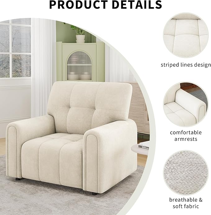 EJUNQ Mid-Century Oversized Accent ChairModern Upholstered Living Room ChairsWide Comfy Reading Chair for AdultsTraditional Single Couch Armchairs for Living Room/BedroomIvory